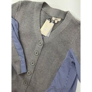 Elan Womens Mixed Media Striped Shirt Cardigan Sweater Grey Blue White M NEW